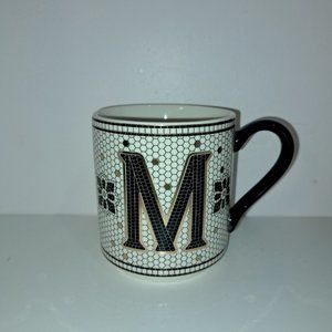 Anthropologie Tiled Letter Monogram M Coffee Tea Mug Black Metallic Gold White
